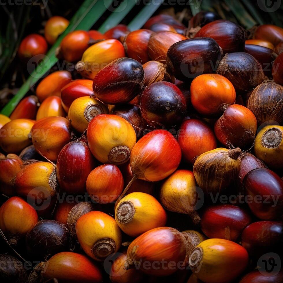 Realistic photo of a bunch of oil palm fruit. top view fruit scenery.