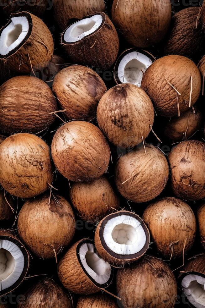 Realistic photo of a bunch of coconuts. top view fruit scenery.
