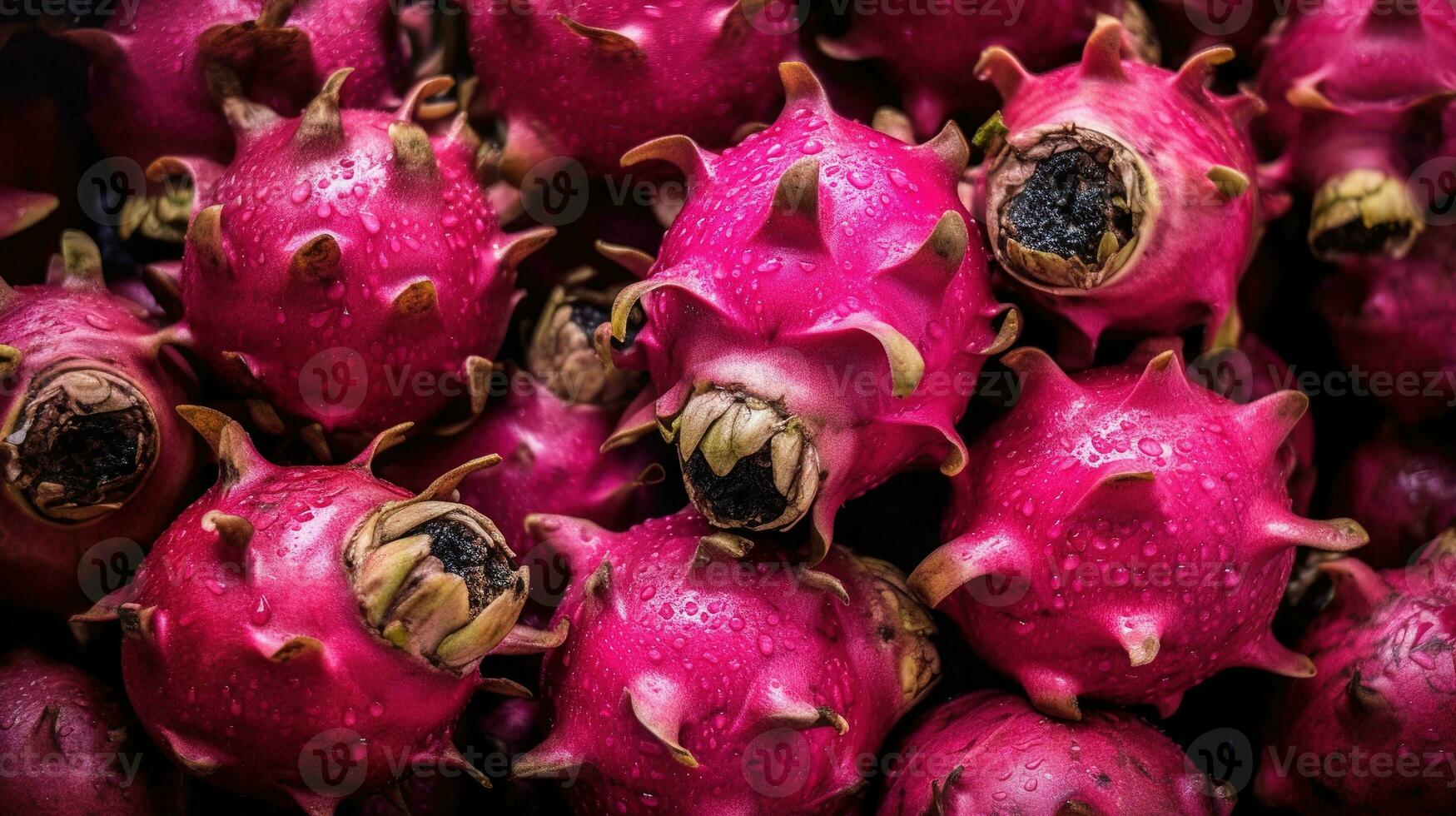 Realistic photo of a bunch of dragon fruits. top view fruit scenery. AI Generated