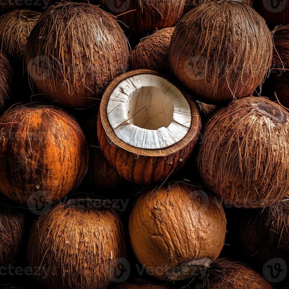 Realistic photo of a bunch of coconuts. top view fruit scenery.