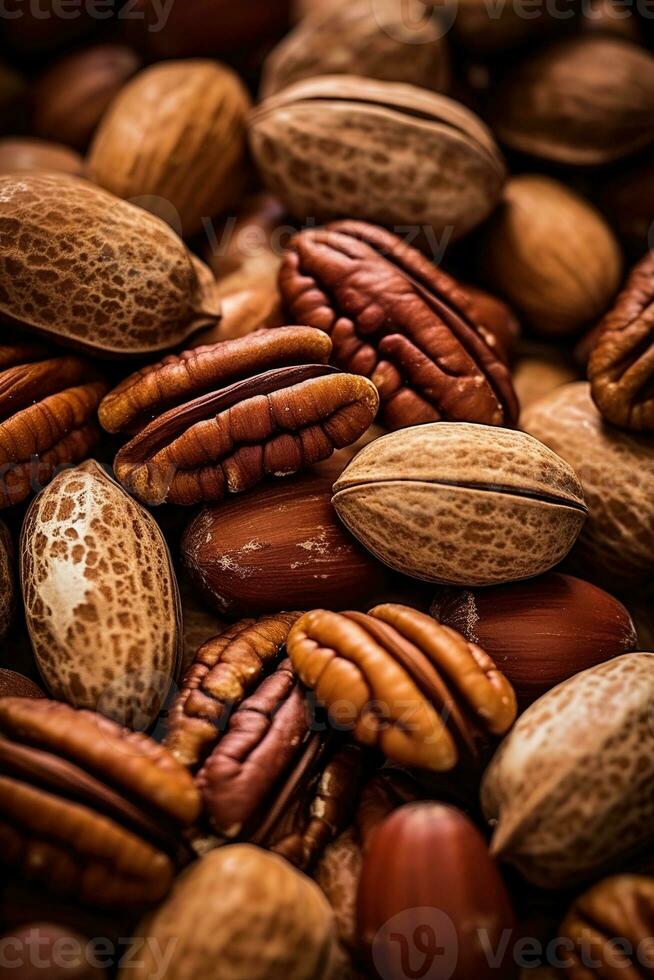 Realistic photo of a bunch of pecans. top view nuts scenery. AI Generated