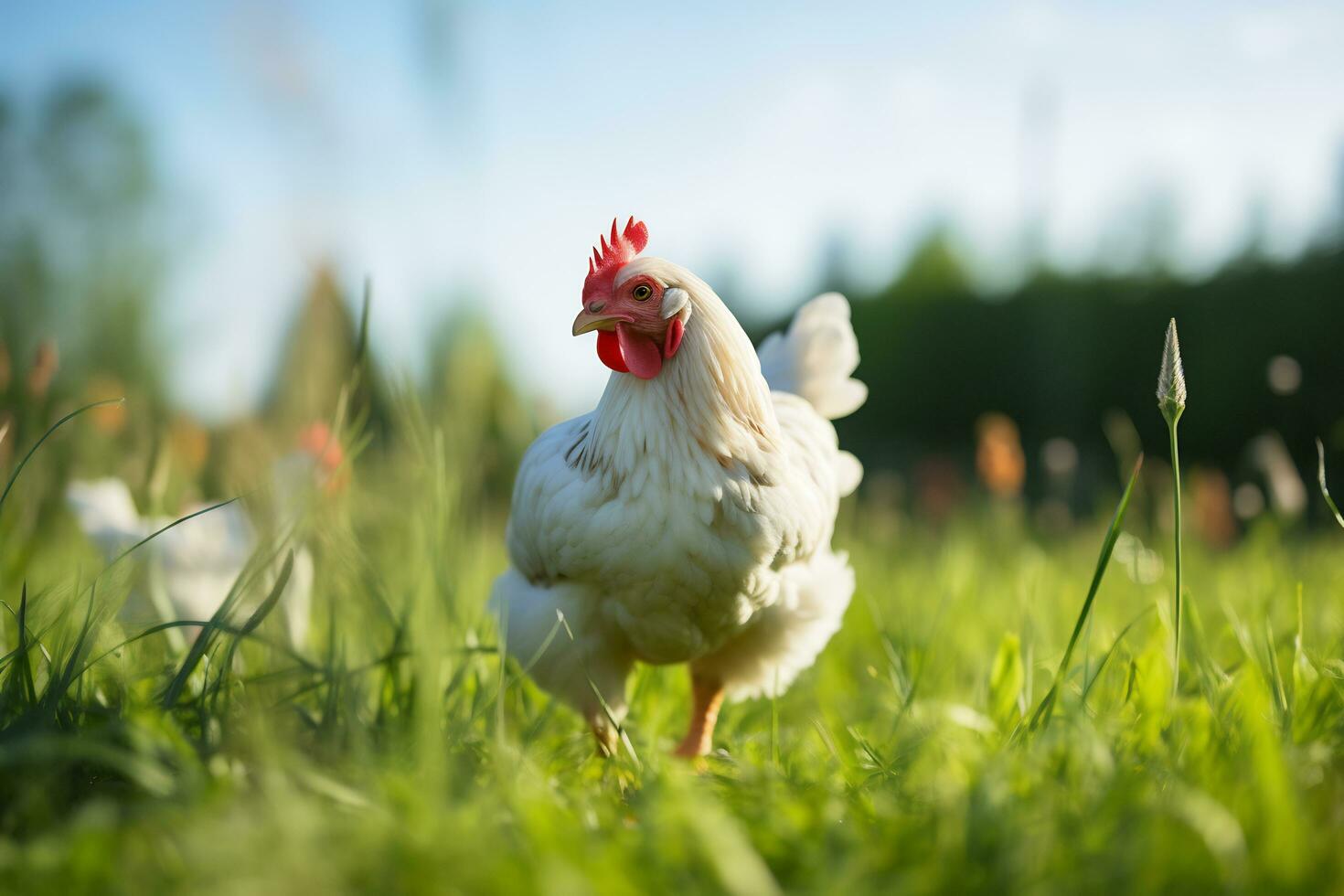 Shot of chicken on green field photo