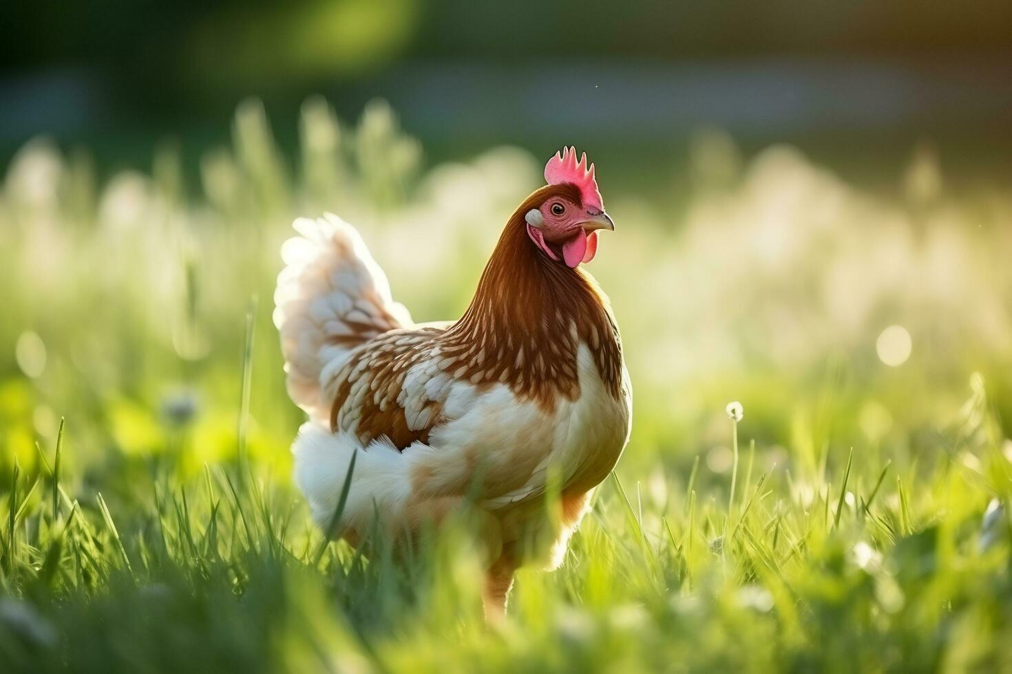 Shot of chicken on green field photo