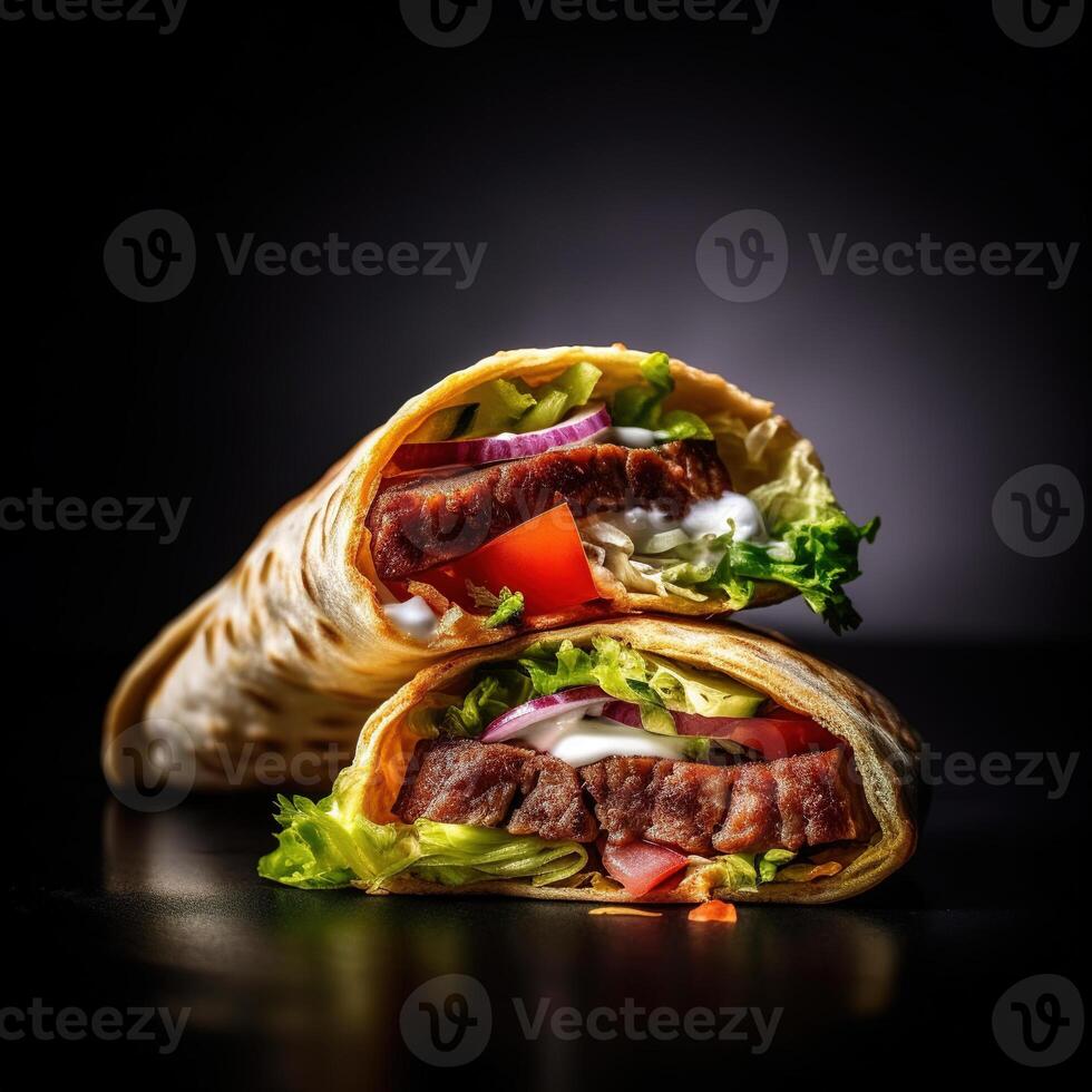 Realistic photo of Doner Kebab. Close-Up Food Photography.