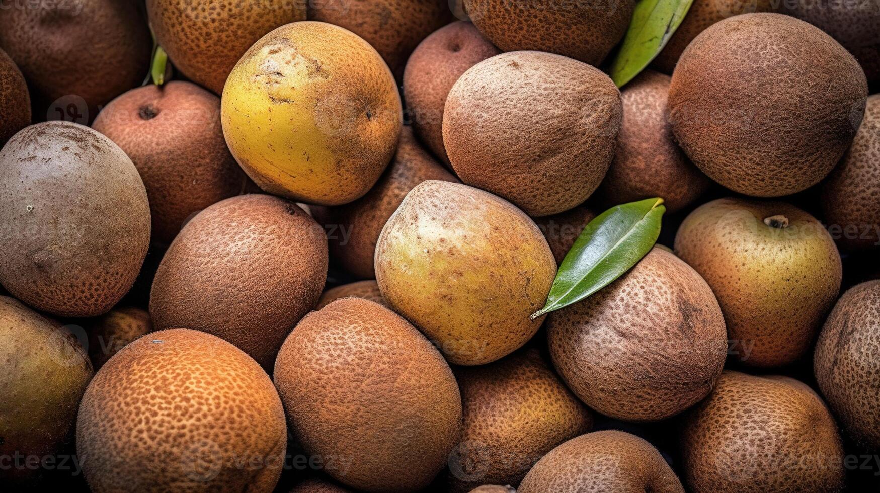 Realistic photo of a bunch of sapodillas. top view fruit scenery.