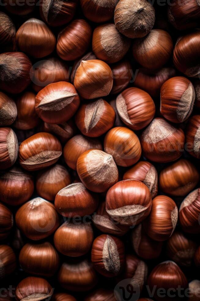 Realistic photo of a bunch of hazelnuts. top view nuts scenery. AI Generated