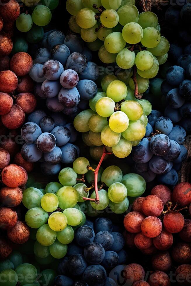 realista foto de diferente tipo de uvas. parte superior ver Fruta escenario. ai generado