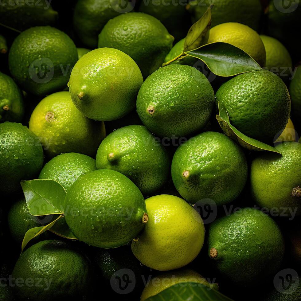 Realistic photo of a bunch of limes. top view fruit scenery. AI Generated