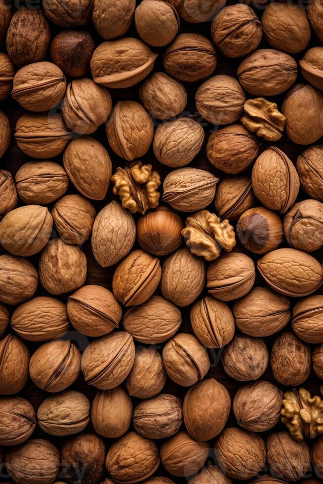 Realistic photo of a bunch of walnuts. top view nuts scenery.