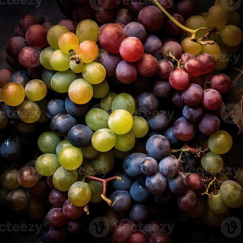 Realistic photo of different kind of grapes. top view fruit scenery.