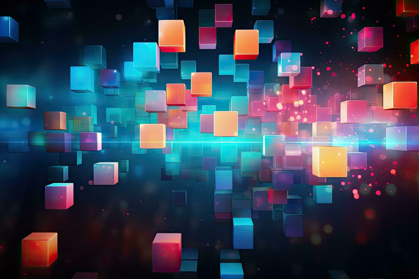 Abstract background with glowing cubes. Abstract background with colorful lights and squares, AI Generated photo