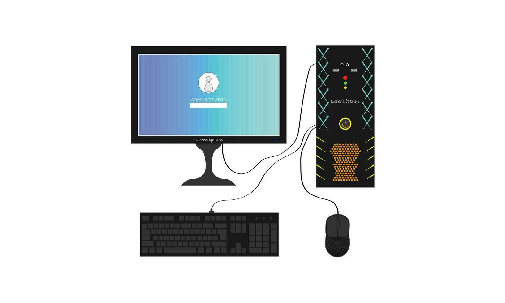 Computer Setup Monitor CPU Cabinet Mouse Keyboard Set Of Vector Icons