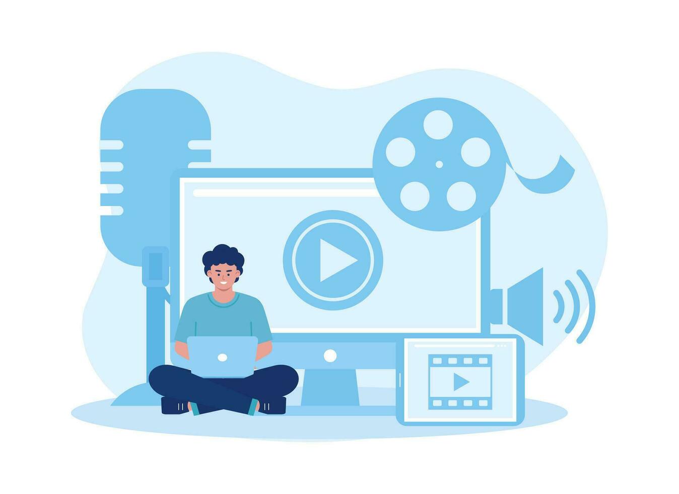 man is creating video content using a laptop concept flat illustration vector