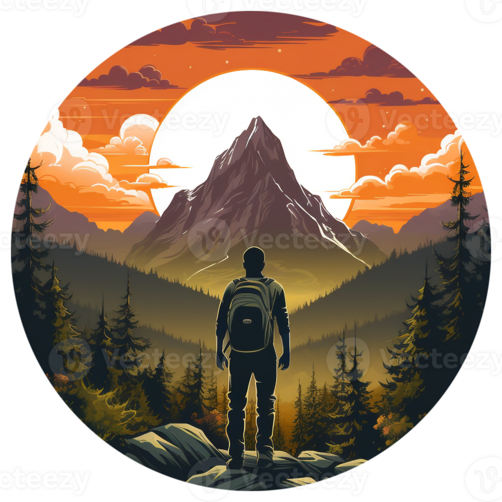 Hiking t-shirt deisgn with mountain sunset png