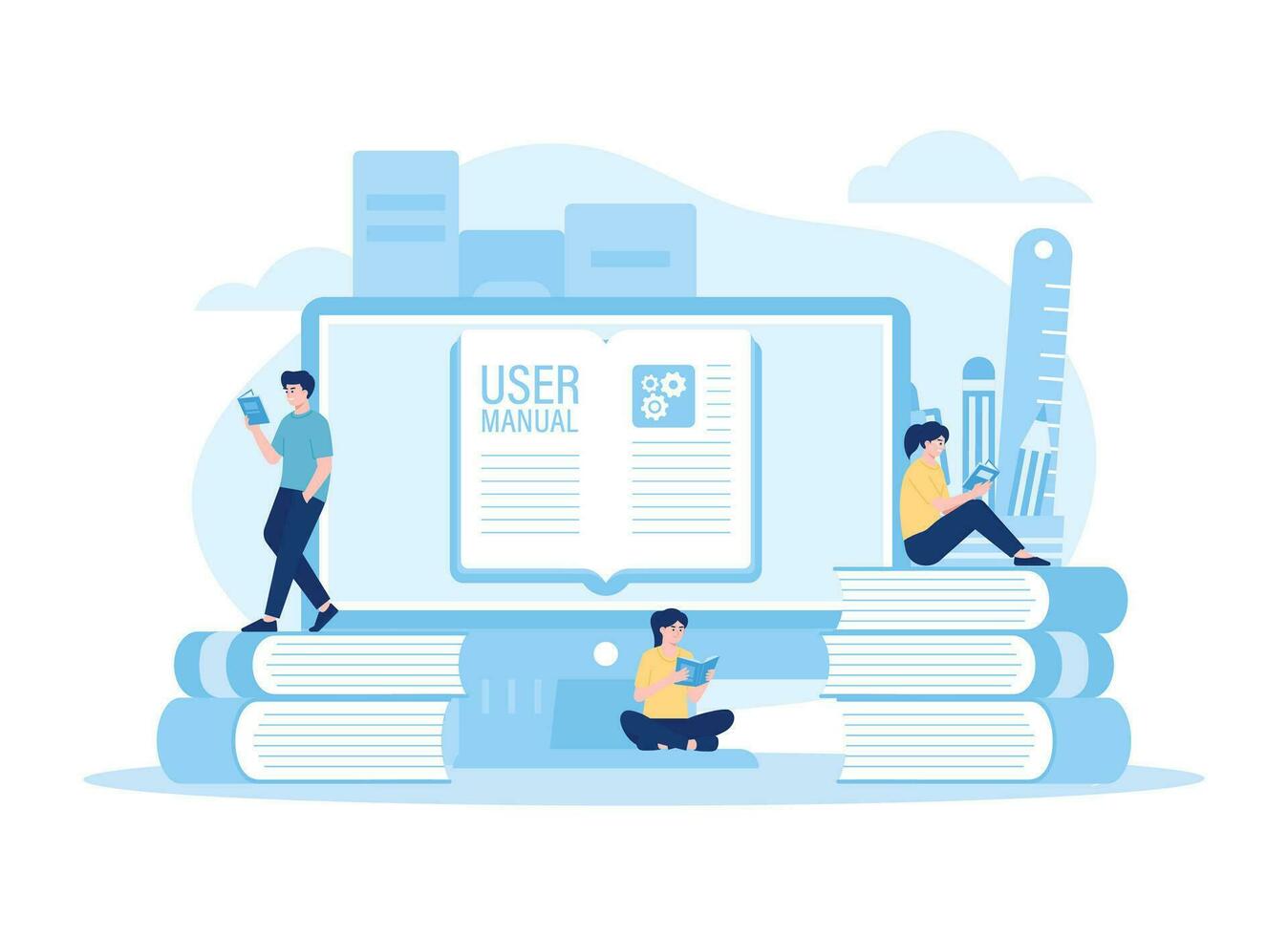 Three students are studying manuals concept flat illustration vector