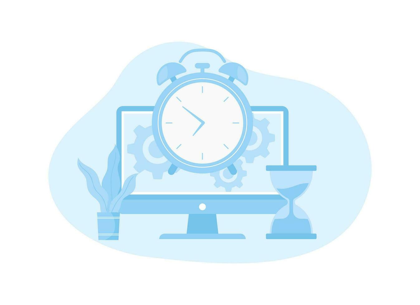 vector computadora con alarma reloj y florero de flores concepto plano ilustración