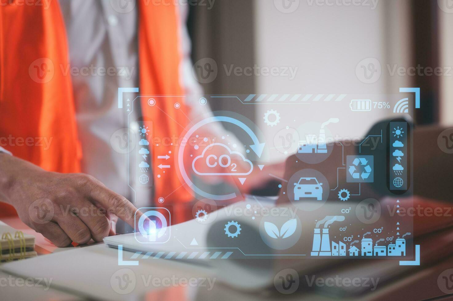 virtual modern reduce CO2 emission concept with icons, global warming emissions carbon footprint climate change to limit global warming, energy, engineer or foreman discussing project co2 reduce photo