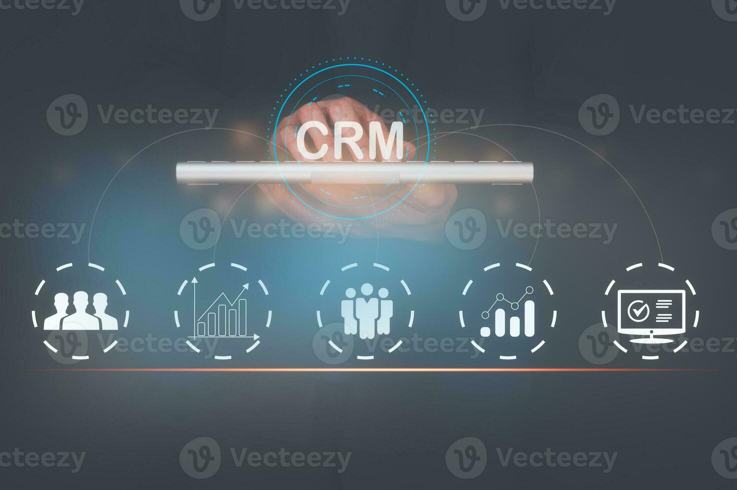 customer service, social media. digital marketing CRM concept Customer Relationship Management, Businessman touch icon with global structure customer network technology, Data exchanges development photo