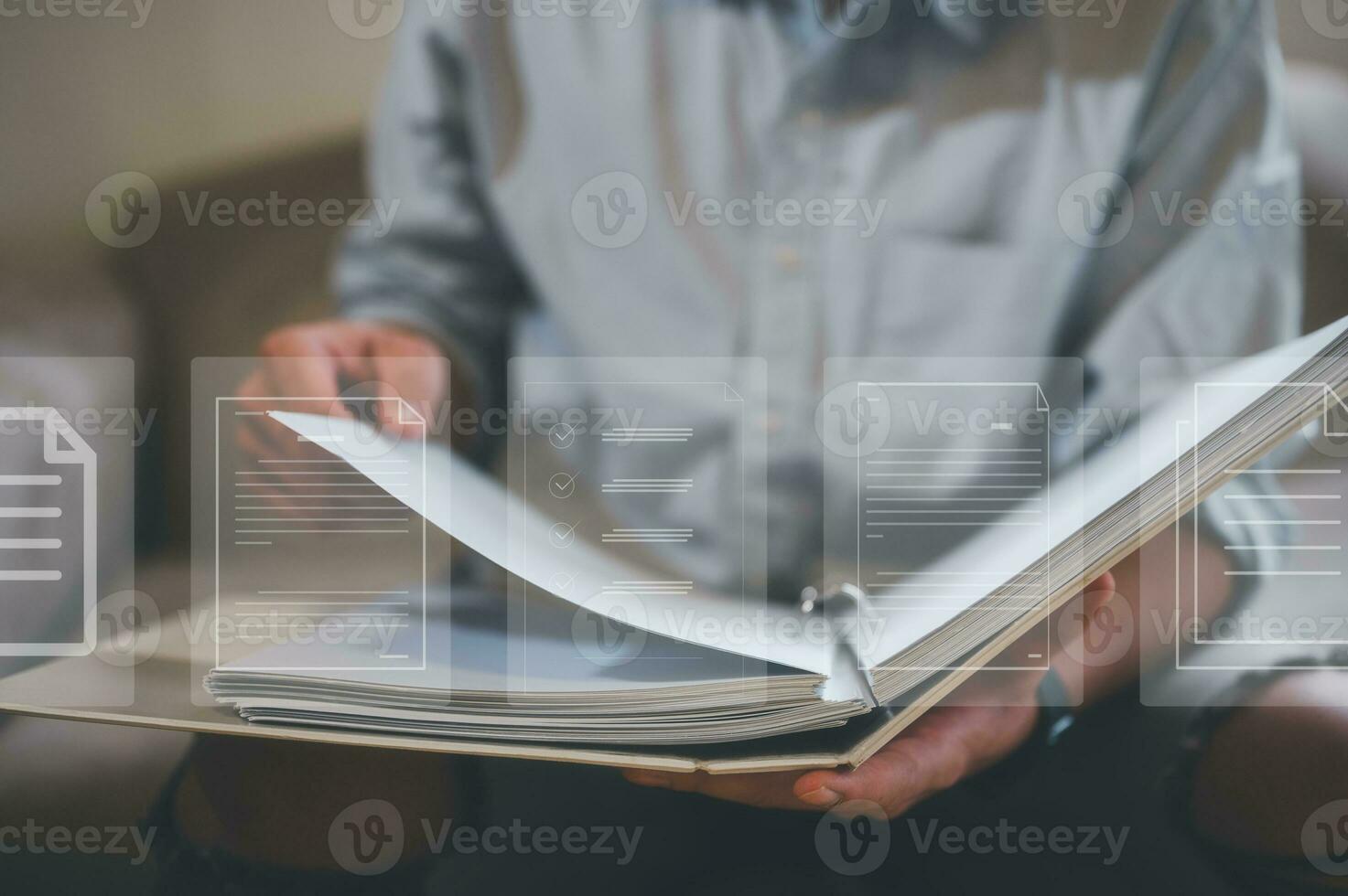 businessman holding files folder  in Document data system Report HR technology Concept, data analysis, research and development photo