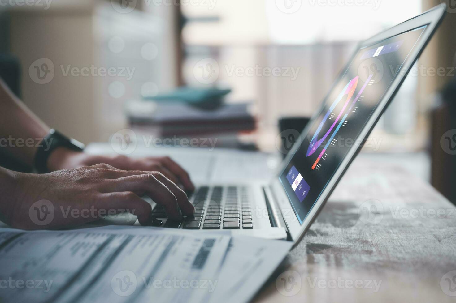 businessman typing on keyboard with virtual document data chart in Document data system Report HR technology Concept, data analysis, research and development, stock market financial investment plan photo