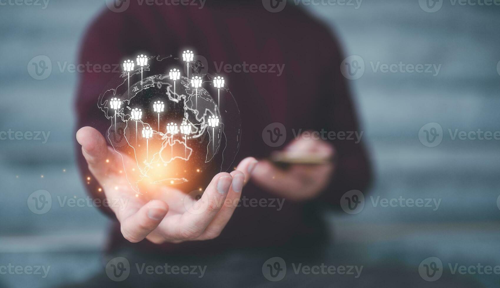 customer service, social media. digital marketing CRM concept Customer Relationship Management, Businessman touch icon with global structure customer network technology, Data exchanges development photo