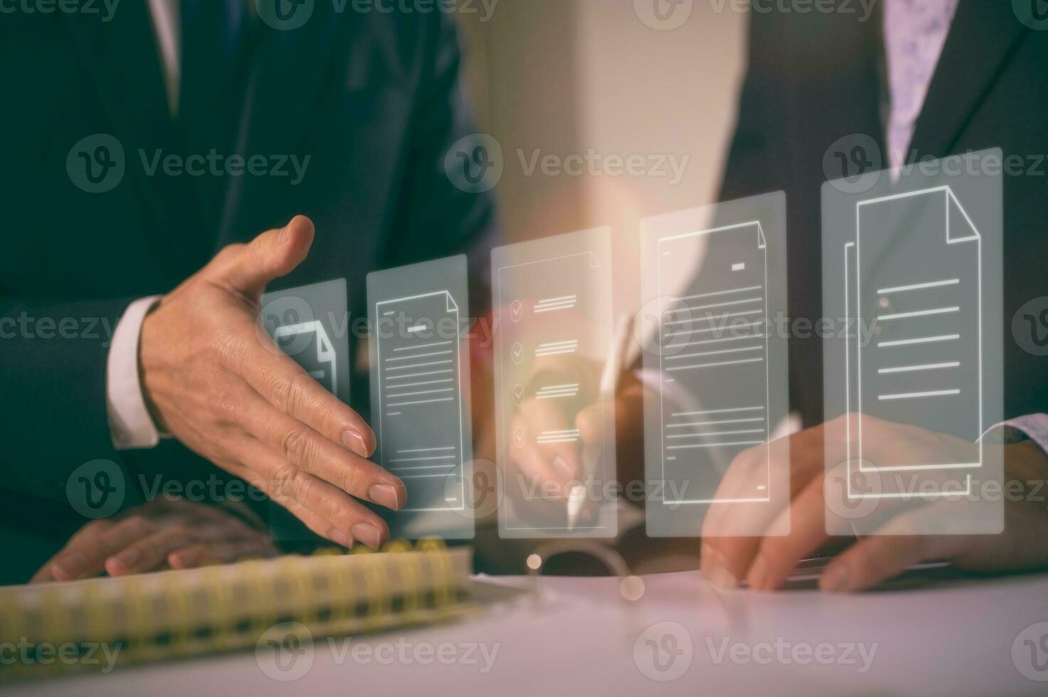 Document data system Report HR technology Concept Businessman Manager checking white documents reports papers of files icon in modern office, two businessman discussing on data report feedback photo