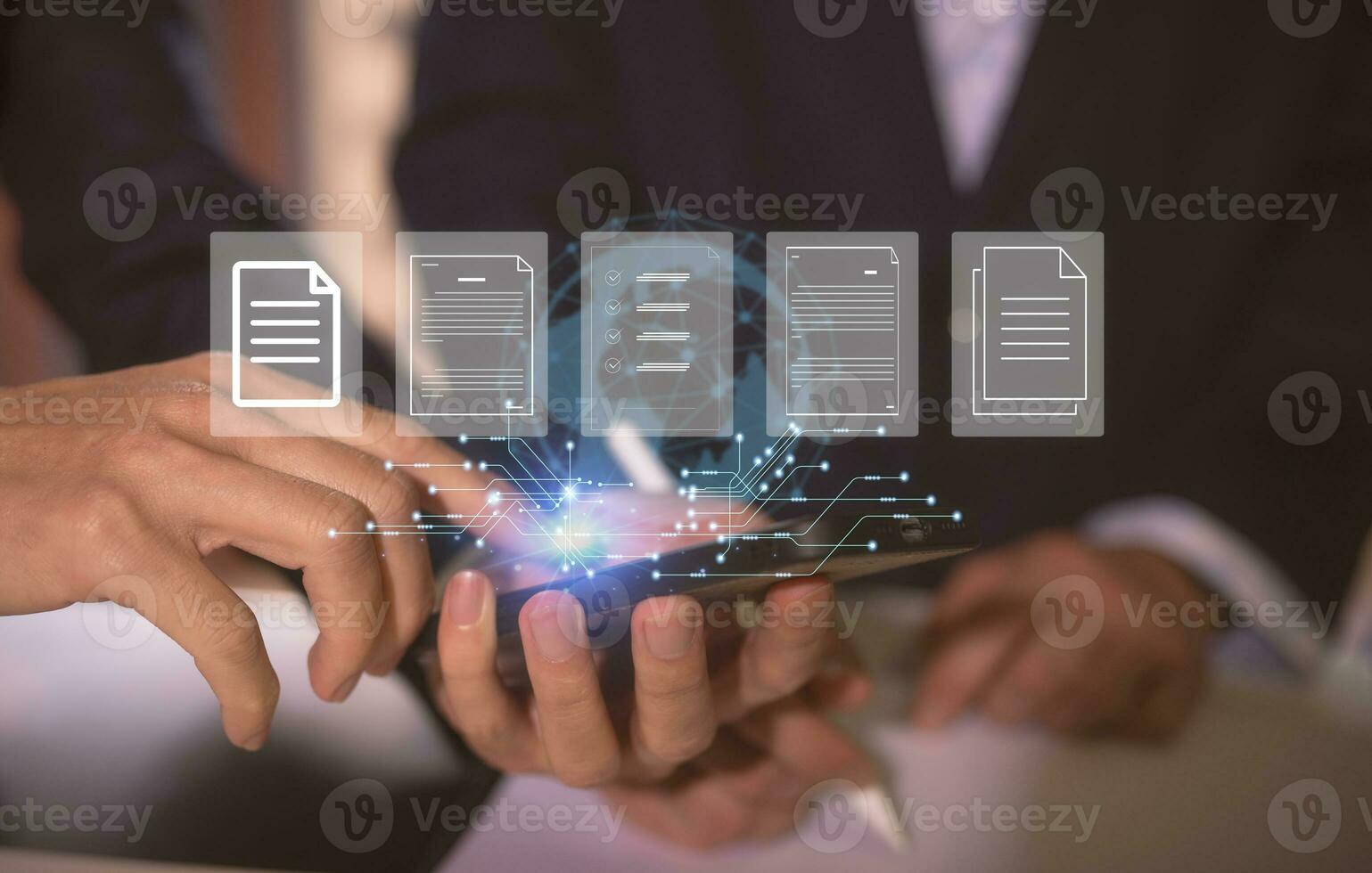 Document data system Report HR technology Concept Businessman Manager checking white documents reports papers of files icon in modern office, two businessman discussing on data report feedback photo