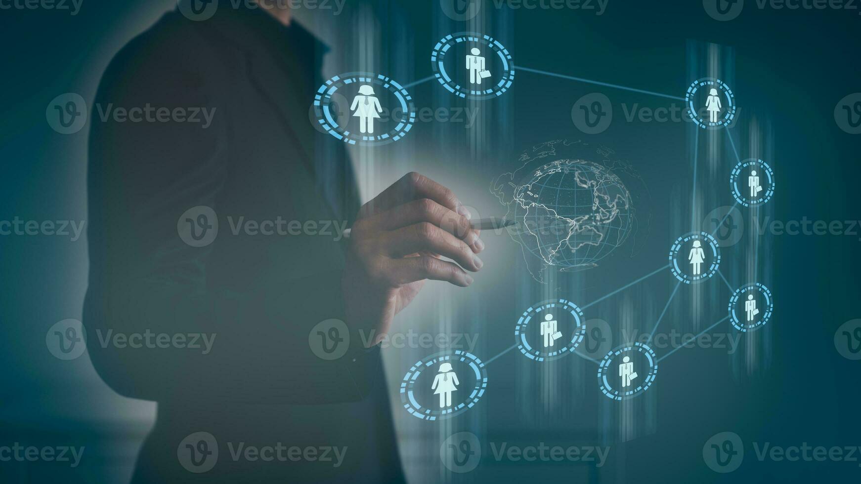 customer service, social media. digital marketing CRM concept Customer Relationship Management, Businessman touch icon with global structure customer network technology, Data exchanges development photo