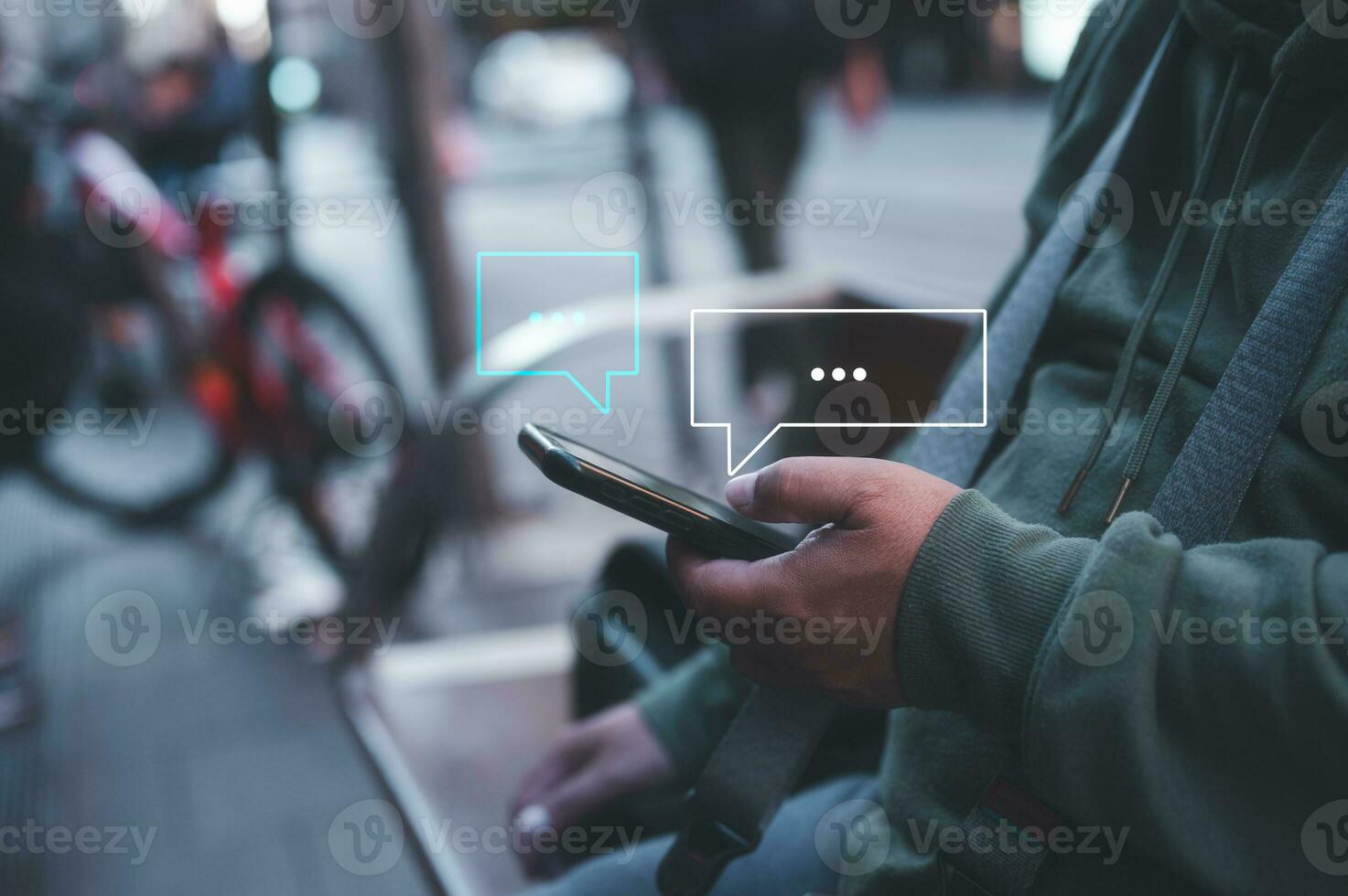 social online concept, man using smartphone chatting sending and reading text messages from internet network technology platform, social distancing, shopping, communication online photo