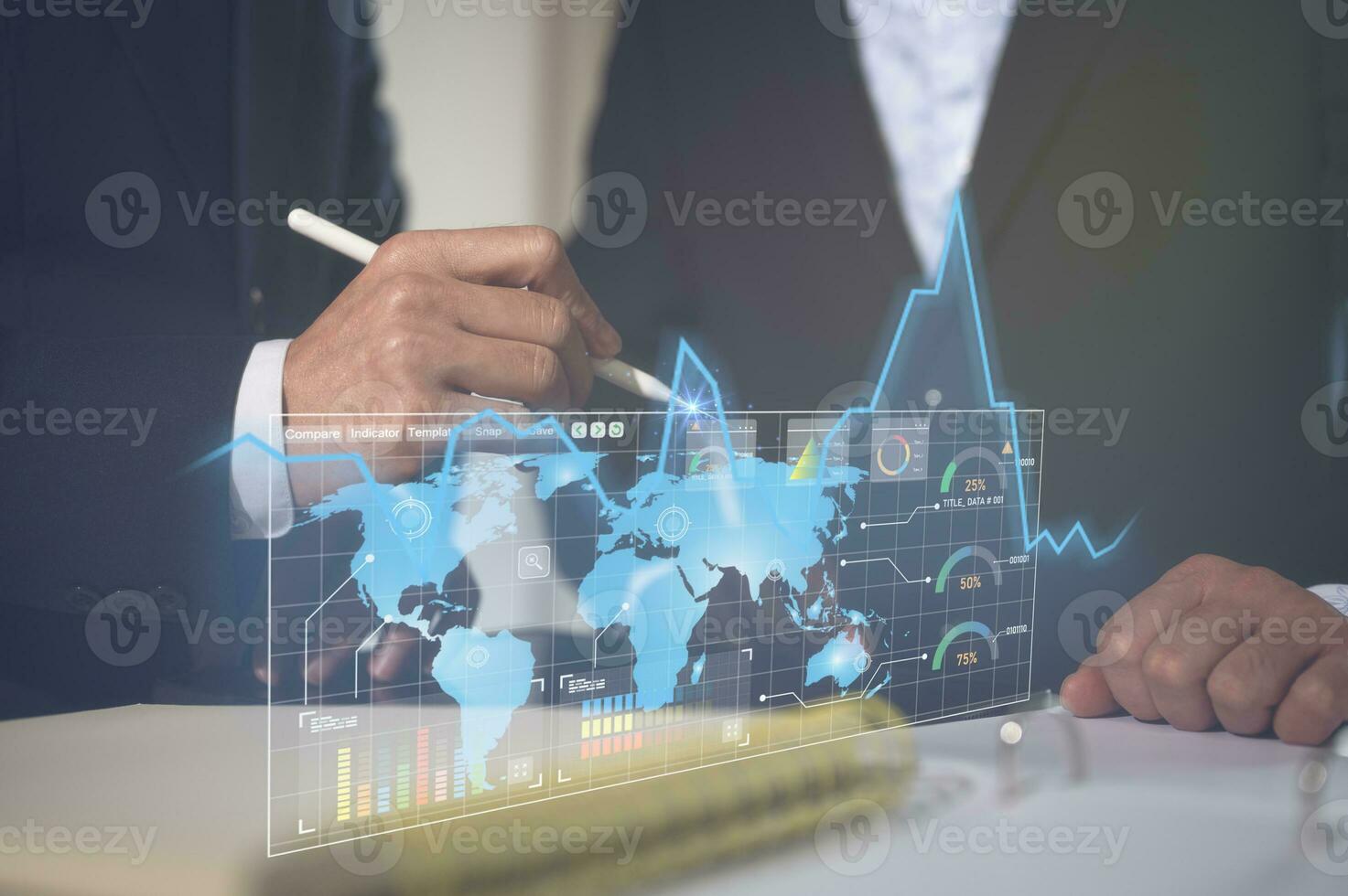 Two diverse businessman stock exchange market investors discussing research on report chart business planning growth data analysis invest strategy, financial risk, marketing strategy photo