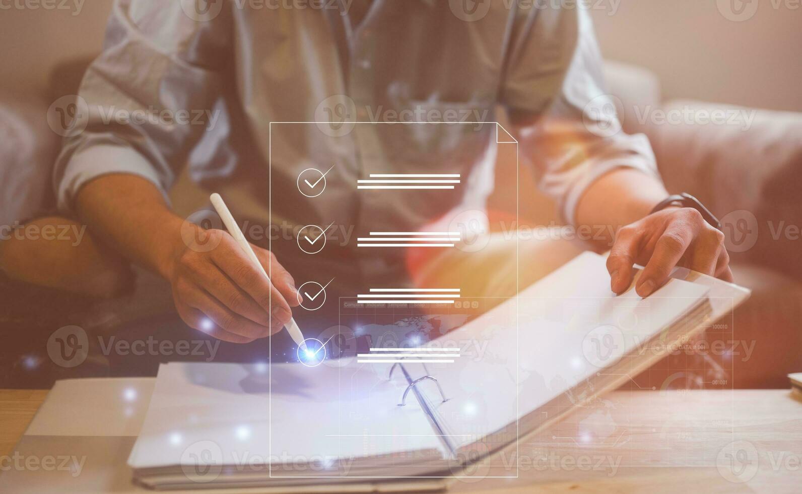paperless concept. man holding smartphone checking on electronic form documentation checklist, questionnaire survey, data management, application. photo