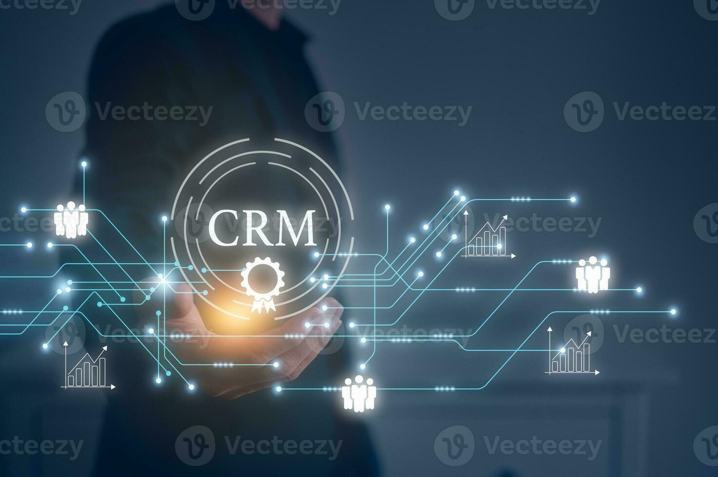 customer service, social media. digital marketing CRM concept Customer Relationship Management, Businessman touch icon with global structure customer network technology, Data exchanges development photo