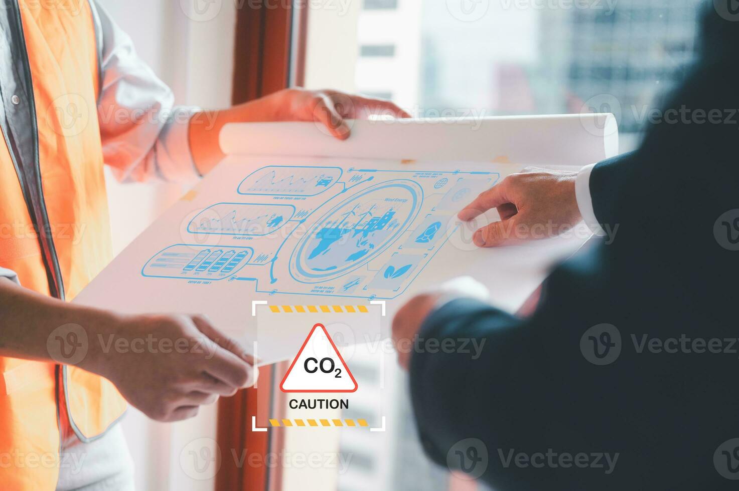 Reduce CO2 emission concept.Sustainable development and green business based on renewable energy. save earth stop climate change and global warming.team meeting, earth day, business and environment photo