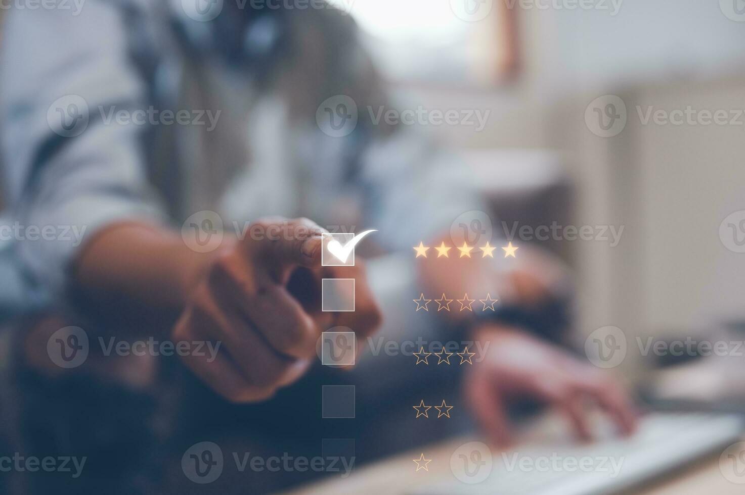 Customer service and Satisfaction concept, Business people touching the virtual screen on the 5 star icon to give satisfaction in service. rating very impressed photo