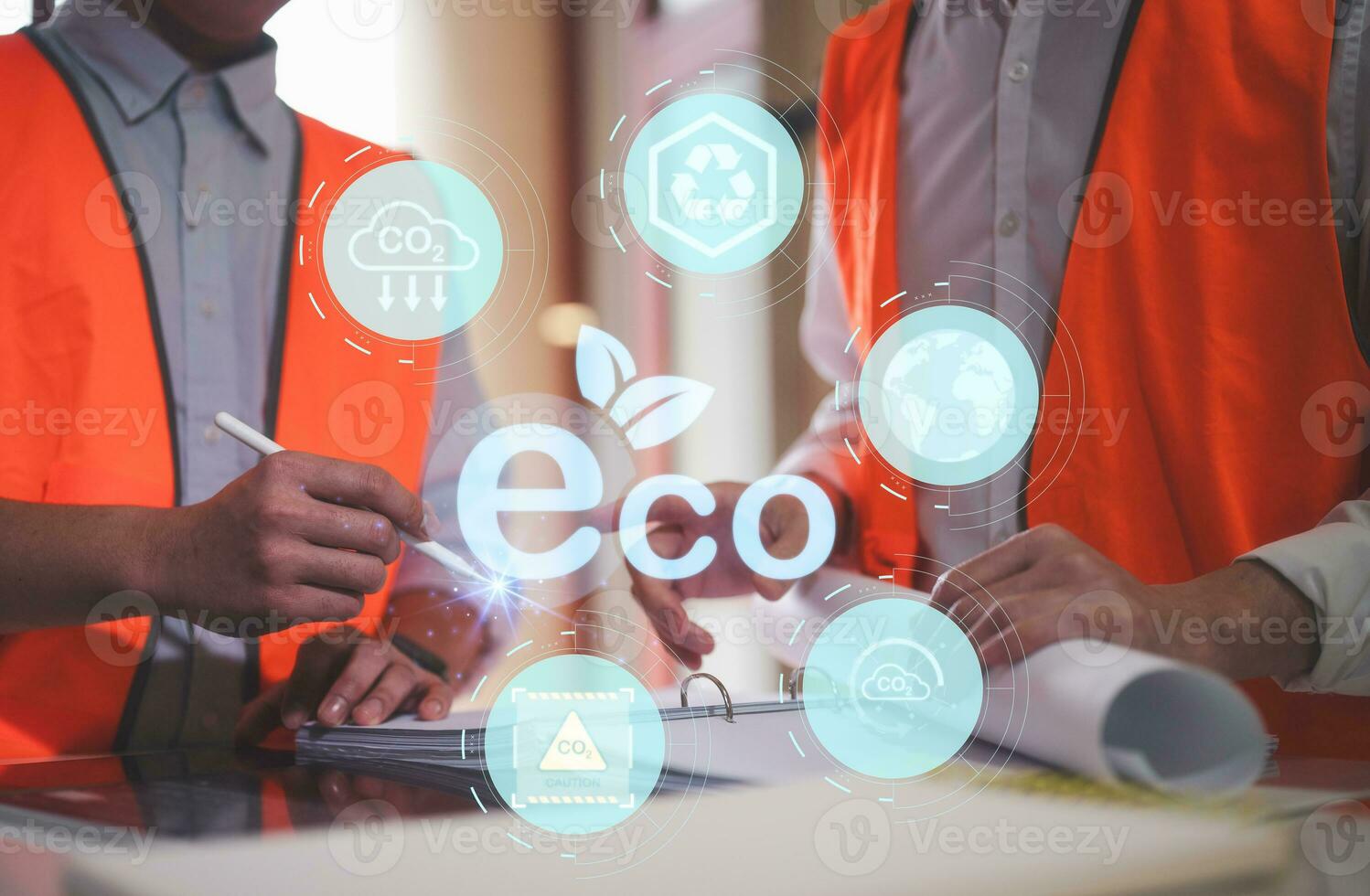 virtual modern reduce CO2 emission concept with icons, global warming emissions carbon footprint climate change to limit global warming, energy, engineer or foreman discussing project co2 reduce photo