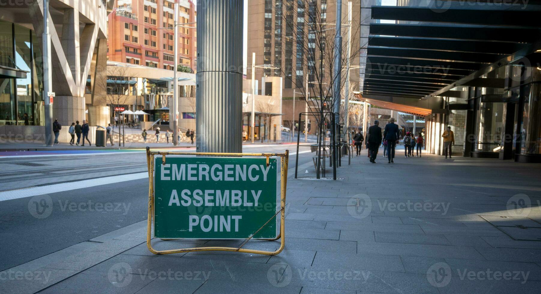 emergency assembly point sign on street side in the city Sydney Australia photo