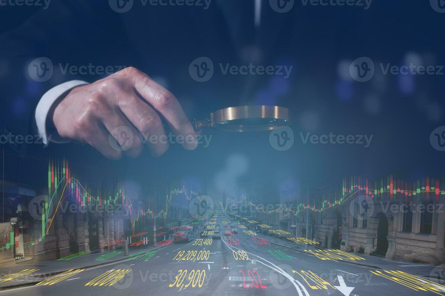 Businessman Holding Magnifying Glass Examining Trading Graph Stock Data for Market Analysis and Financial Strategy with blurred cityscape background photo