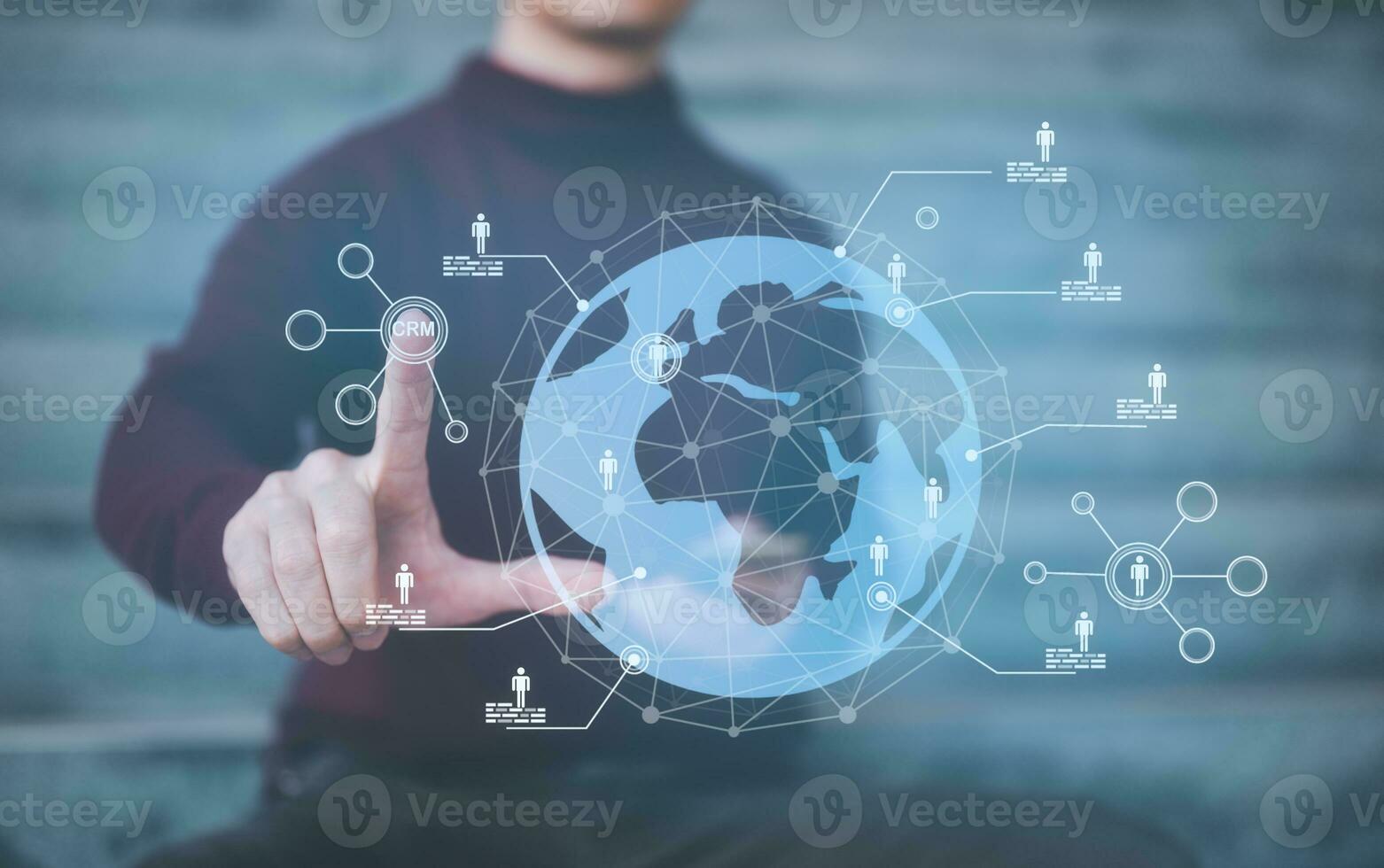 customer service, social media. digital marketing CRM concept Customer Relationship Management, Businessman touch icon with global structure customer network technology, Data exchanges development photo