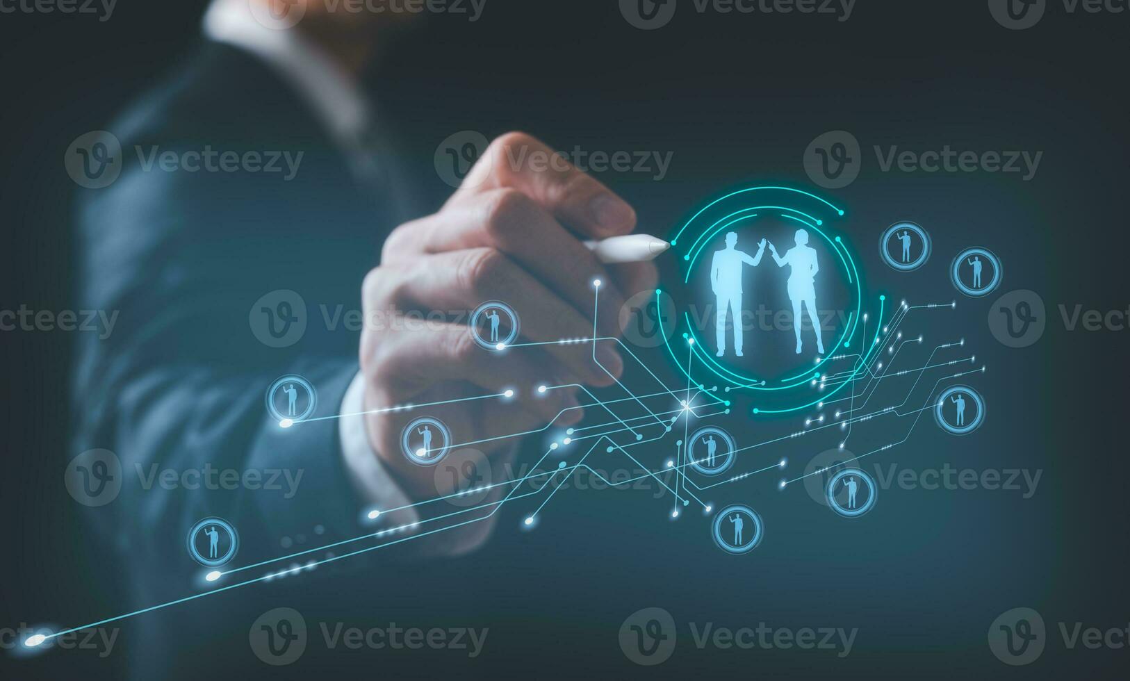 customer service, social media. digital marketing CRM concept Customer Relationship Management, Businessman touch icon with global structure customer network technology, Data exchanges development photo