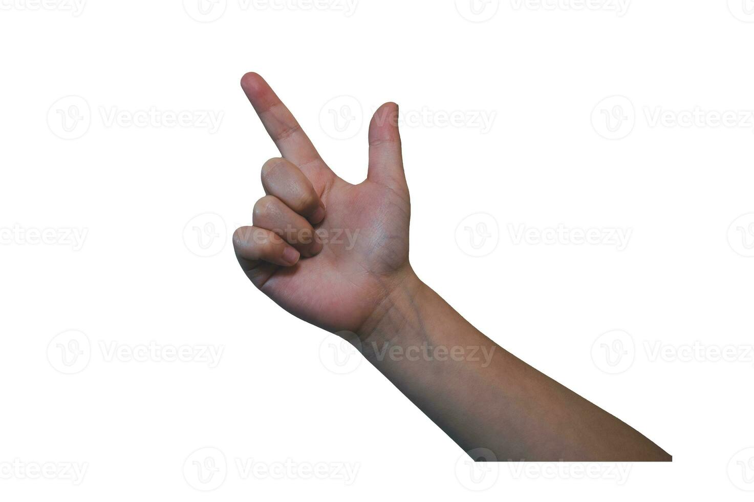 kid or girls hand in position pointing to something on white background photo