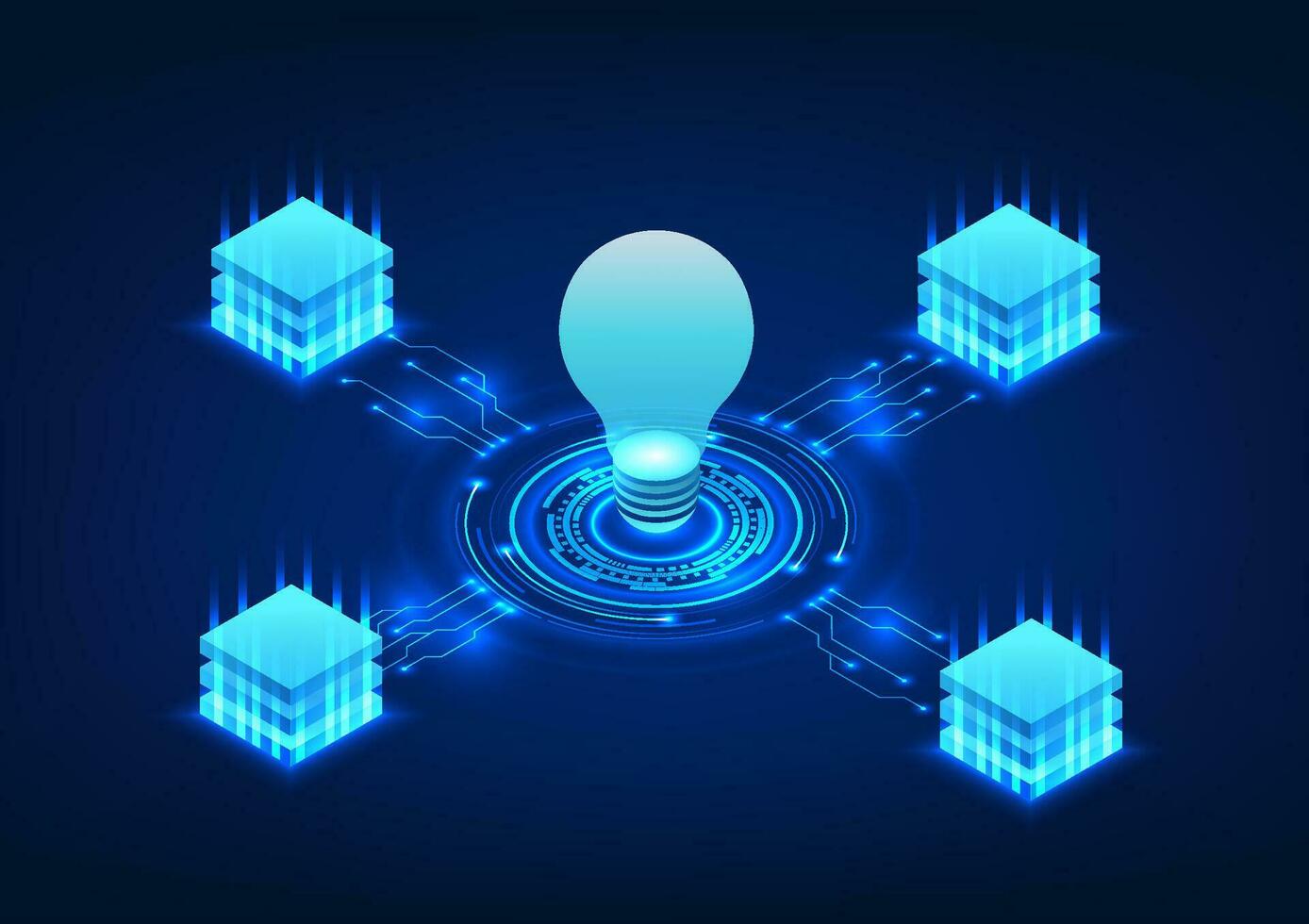 Light bulb technology with a light bulb in the middle that is connected to the server conveys the use of technology to help find ideas and solve problems through the internet network vector