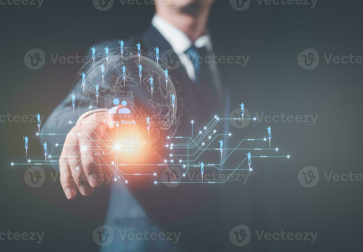 customer service, social media. digital marketing CRM concept Customer Relationship Management, Businessman touch icon with global structure customer network technology, Data exchanges development photo