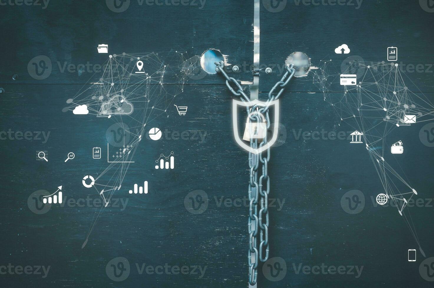 internet network data protection concept, chains and padlock locked doors photo