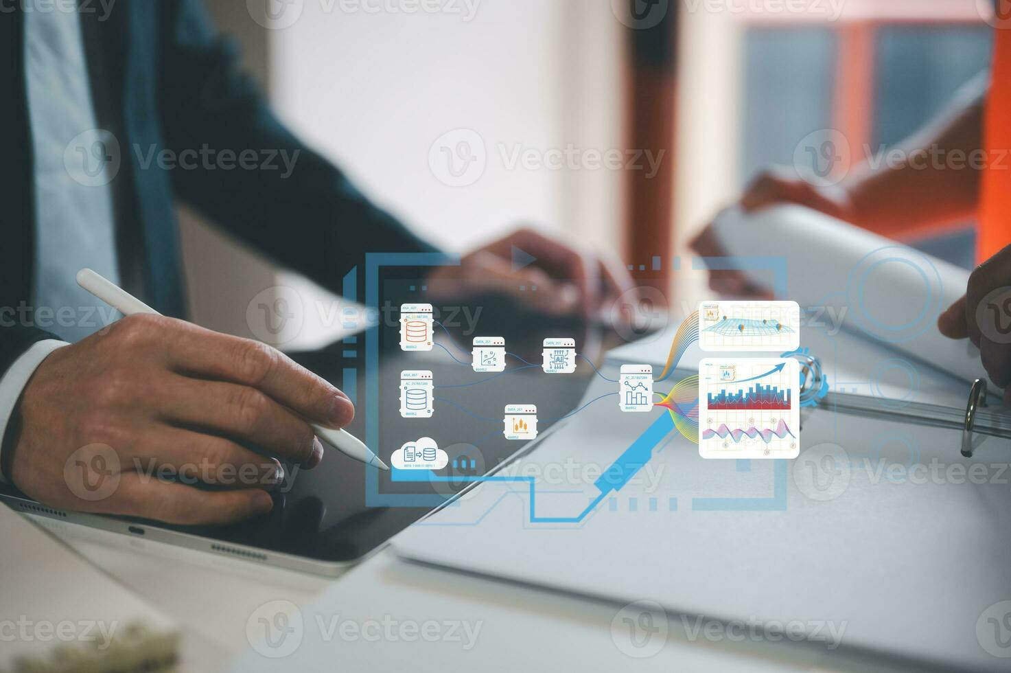 project management, businessman and contractor discussion on data or project plans and workflow, architecture or engineer meeting with businessman photo