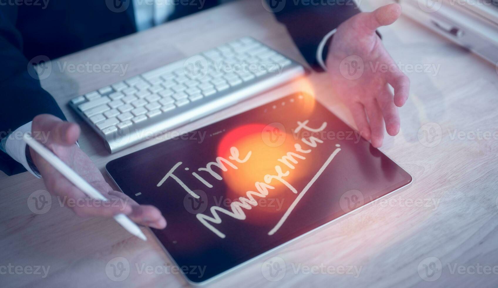 time management concept, businessman using digital tablet presenting message time management, business strategy marketing working development photo