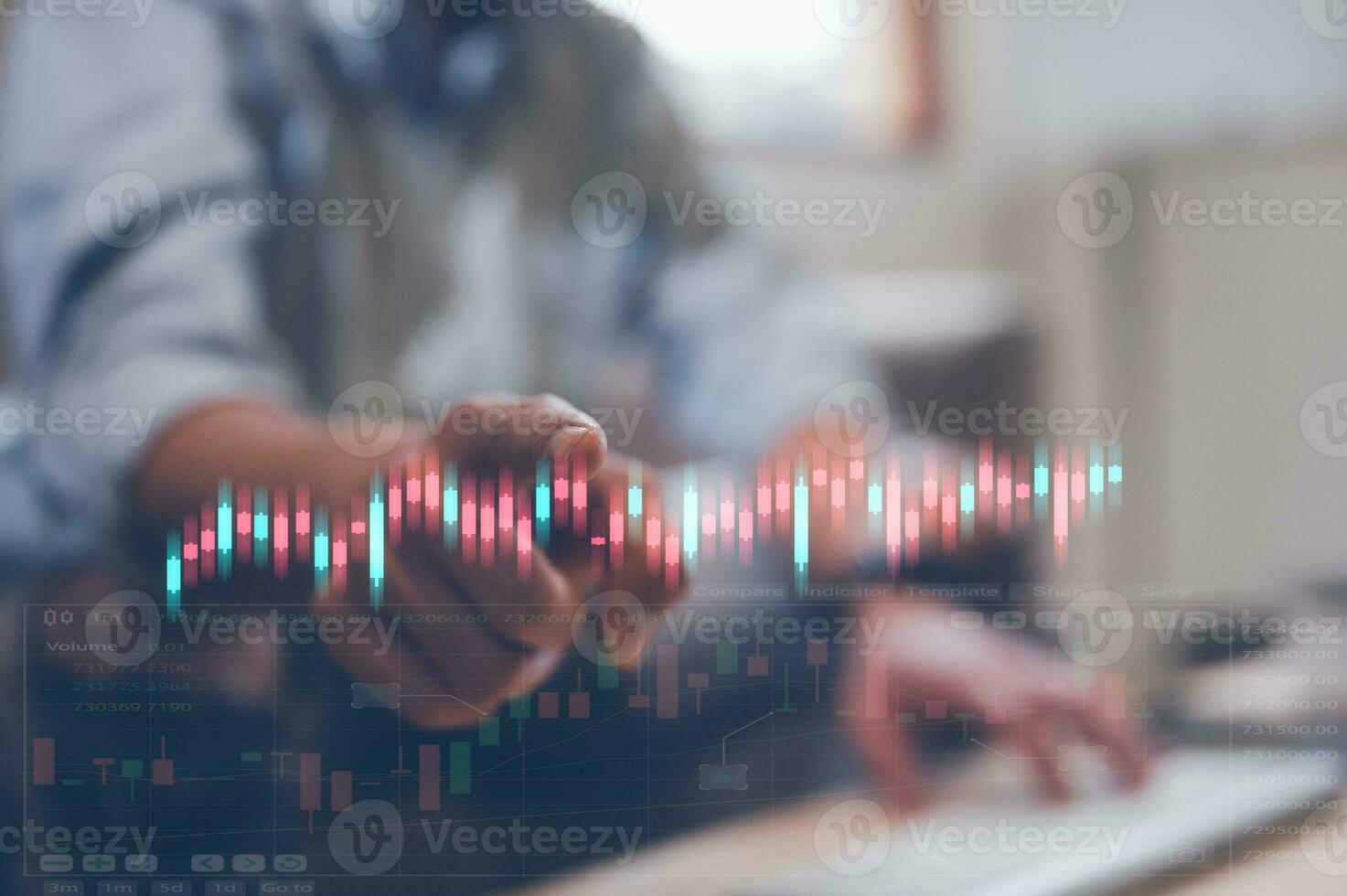 investment and financial concept, man pointing at virtual trading graph stock market data chart photo