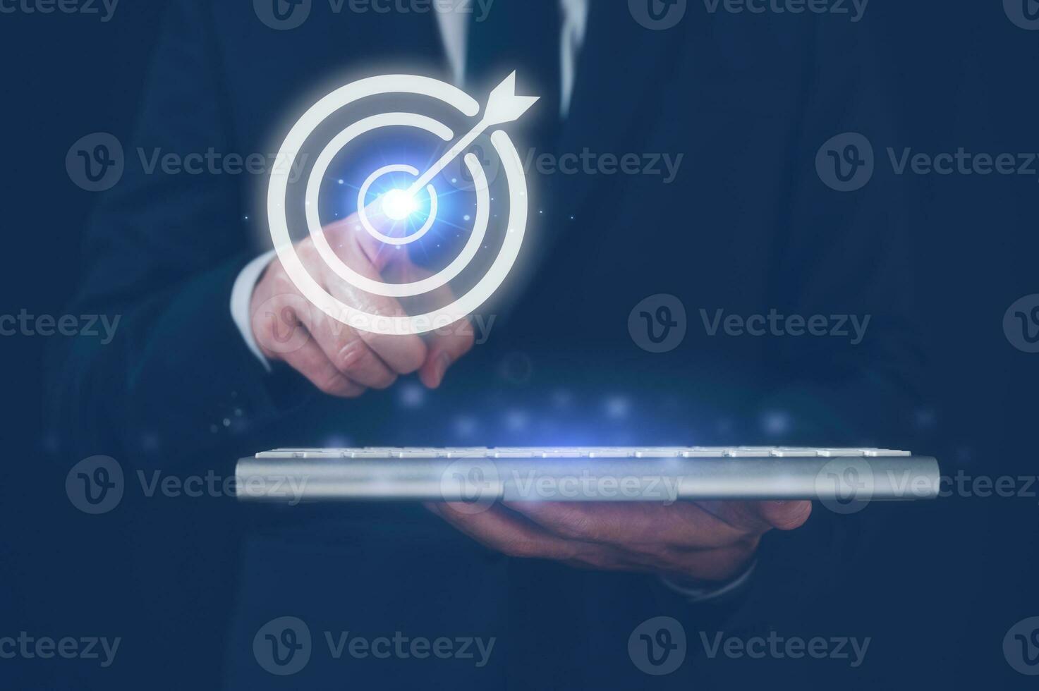 Hand pointing target board for creative and set up business objective target and success and business goals in Concept of business strategy and future sustainable business finance action plan photo