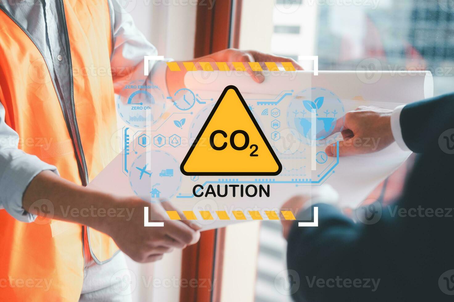 Reduce CO2 emission concept.Sustainable development and green business based on renewable energy. save earth stop climate change and global warming.team meeting, earth day, business and environment photo