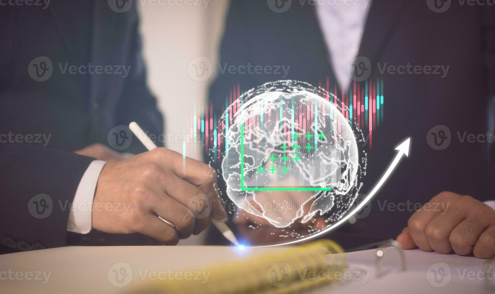 Two diverse businessman stock exchange market investors discussing research on report chart business planning growth data analysis invest strategy, financial risk, marketing strategy photo