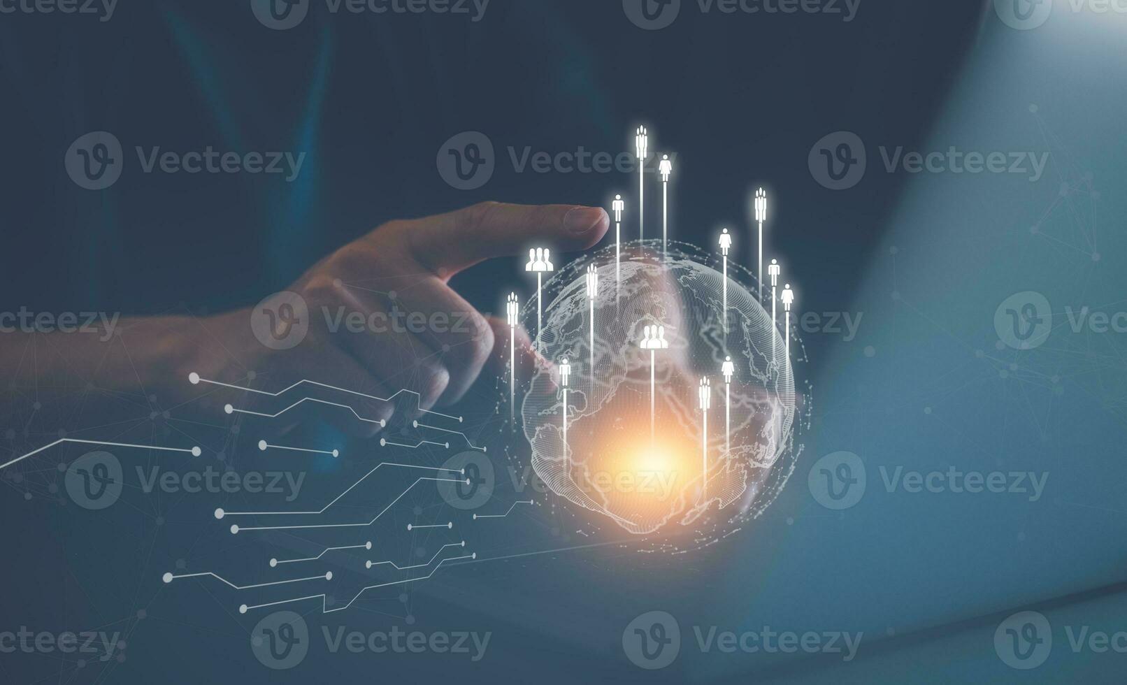 customer service, social media. digital marketing CRM concept Customer Relationship Management, Businessman touch icon with global structure customer network technology, Data exchanges development photo